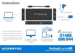 Hypertec ProDock EssentiaI 4K - Universal USB-C Dock with HDMI,VGA and DisplayPort