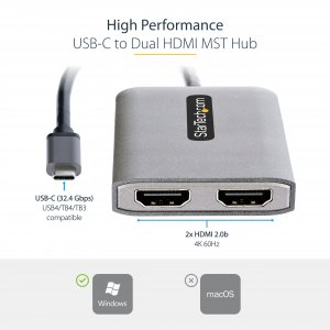 StarTech.com USB-C to Dual HDMI Adapter, USB Type-C Multi-Monitor MST Hub, Dual 4K 60Hz HDMI Laptop Display Extender / Splitter, HDR, Extra-Long Built-In Cable - Windows Only