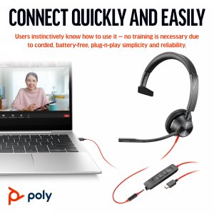 HP Poly Blackwire 3315 Monaural Microsoft Teams Certified USB-C Headset +3.5mm Plug +USB-C/A Adapter