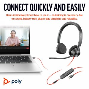 HP Poly Blackwire 3325 Stereo Microsoft Teams Certified USB-C Headset +3.5mm Plug +USB-C/A Adapter