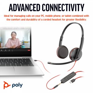 HP Poly Blackwire 3225 Stereo USB-C Headset +3.5mm Plug +USB-C/A Adapter