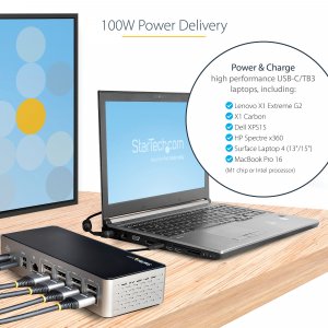 StarTech.com USB C Dock - 4K 60Hz Quad Monitor DisplayPort & HDMI - Universal USB-C Docking Station with 100W Power Delivery - USB Hub with 1x USB Type-C & 3x USB-A, Ethernet, Audio
