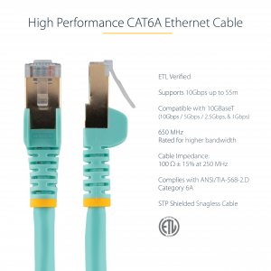 StarTech.com 5m CAT6a Ethernet Cable - 10 Gigabit Shielded Snagless RJ45 100W PoE Patch Cord - 10GbE STP Network Cable w/Strain Relief - Aqua Fluke Tested/Wiring is UL Certified/TIA