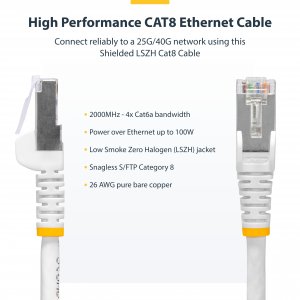 StarTech.com 1m White CAT8 Ethernet Cable, Snagless RJ45, 25G/40G, 2000MHz, 100W PoE++, S/FTP, 26AWG Pure Bare Copper Wire, LSZH, Shielded Network Patch Cord w/Strain Reliefs, Individually Tested