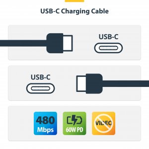 StarTech.com 3m (9.8ft) USB-C Charging Cable, USB C Cable, USB 2.0 Type-C Laptop Charger Cord, 60W 3A Power Delivery, TPE Jacket, USB-C Data Transfer Cable, M/M