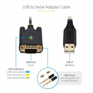 StarTech.com 6.6ft (2m) USB to Serial Adapter Cable, COM Retention, Interchangeable Screws/Nuts, USB-A to DB9 RS232, FTDI IC, ESD Protection, Windows/macOS/Linux