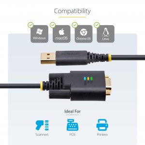 StarTech.com 6.6ft (2m) USB to Serial Adapter Cable, COM Retention, Interchangeable Screws/Nuts, USB-A to DB9 RS232, FTDI IC, ESD Protection, Windows/macOS/Linux