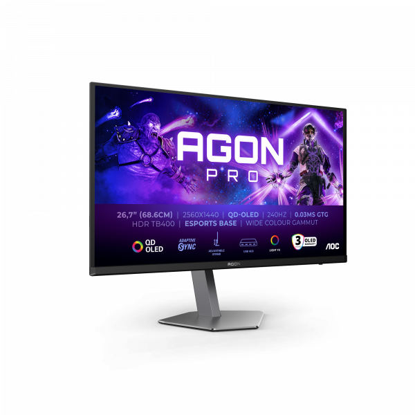AOC AGON PRO AG276QZD2 computer monitor 67.3 cm (26.5") 2560 x 1440 pixels Quad HD QD-OLED Black, Grey