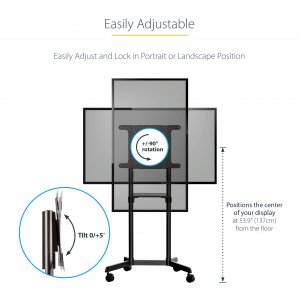 StarTech.com Mobile TV Cart - Portable Rolling TV Stand for 37-70" VESA Display (154lb/70kg) - TV Stand w/Shelf & Storage Compartment - Rotate/Tilt Display - Universal TV Mount on Wheels