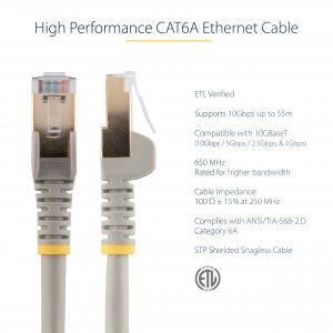 StarTech.com 3m CAT6a Ethernet Cable - 10 Gigabit Shielded Snagless RJ45 100W PoE Patch Cord - 10GbE STP Network Cable w/Strain Relief - Grey Fluke Tested/Wiring is UL Certified/TIA