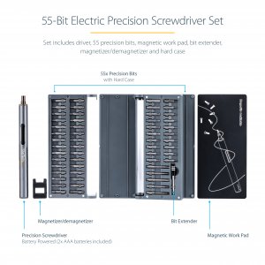 StarTech.com 55-Bit Electric Precision Screwdriver Set - Portable Cordless Battery Powered Bit Driver Kit for Electronics, Laptop, Computers, Tablet & Phone Repairs - Magnetic Work Pad - TAA