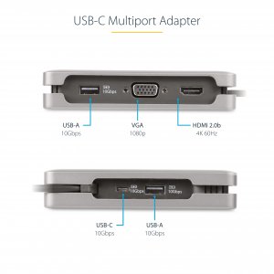 StarTech.com USB-C Multiport Adapter - HDMI/VGA - 4K 60Hz - 3-Port USB Hub - 100W Power Delivery Pass-Through - GbE - Travel Mini Docking Station w/ Charging - 1ft/30cm Wrap-Around Cable