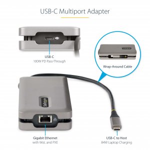 StarTech.com USB-C Multiport Adapter - HDMI/VGA - 4K 60Hz - 3-Port USB Hub - 100W Power Delivery Pass-Through - GbE - Travel Mini Docking Station w/ Charging - 1ft/30cm Wrap-Around Cable