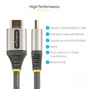 StarTech.com 16.4ft (5m) Premium Certified HDMI 2.0 Cable, High-Speed Ultra HD 4K 60Hz HDMI Cable w/ Ethernet, HDR10, ARC, TPE Jacket, UHD HDMI Video Cord, For UHD Monitors, TVs, Displays - M/M