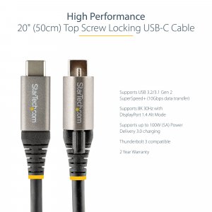 StarTech.com 50cm (20in) USB-C Cable, Top Screw Locking, USB 10Gbps, 100W (5A) Power Delivery, 8K 60Hz / 4K 144Hz DP Alt Mode - Thunderbolt Compatible