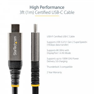 StarTech.com 3ft (1m) USB-C Cable, USB 10Gbps, 100W (5A) Power Delivery, 8K 60Hz / 4K 144Hz DP Alt Mode, USB-IF Certified, Thunderbolt Compatible