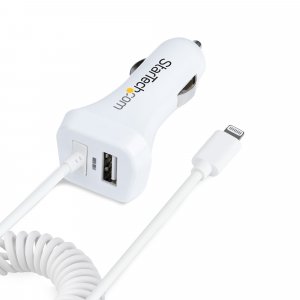 StarTech.com Lightning Car Charger with Coiled Cable, 1m Coiled Lightning Cable, 12W, White, 2 Port USB Car Charger Adapter for Phones and Tablets, Dual Device In Car iPhone Charger