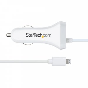 StarTech.com Lightning Car Charger with Coiled Cable, 1m Coiled Lightning Cable, 12W, White, 2 Port USB Car Charger Adapter for Phones and Tablets, Dual Device In Car iPhone Charger