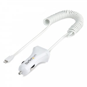 StarTech.com Lightning Car Charger with Coiled Cable, 1m Coiled Lightning Cable, 12W, White, 2 Port USB Car Charger Adapter for Phones and Tablets, Dual Device In Car iPhone Charger